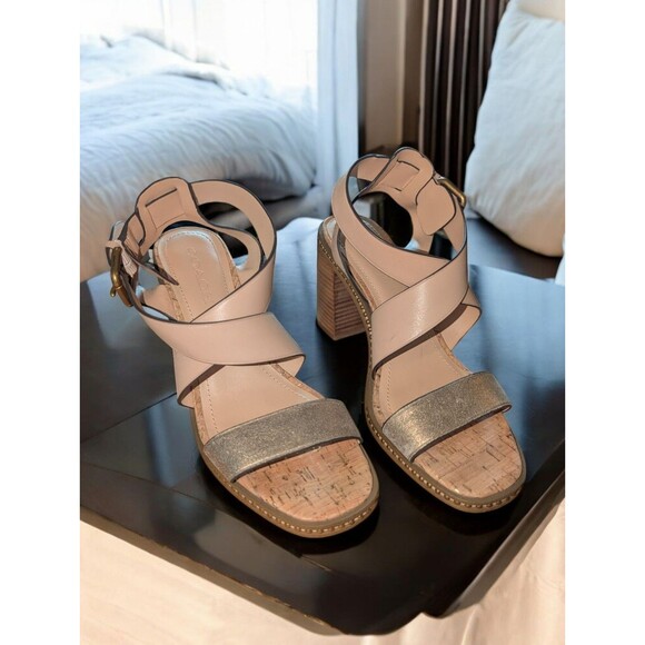 EUC COACH Mandy Sandals - Studded Beige & Gold Metallic Leather Heels - Sz 9.5 - Picture 1 of 16